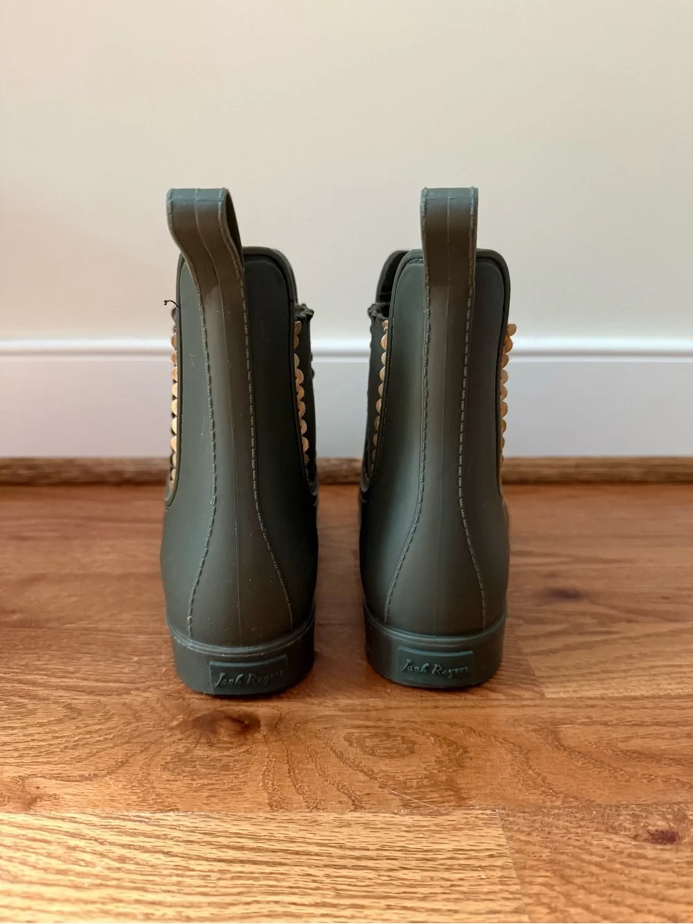 Jack Rogers Olive Green Chelsea Rain Ankle Boots with Gold Scalloped Trim